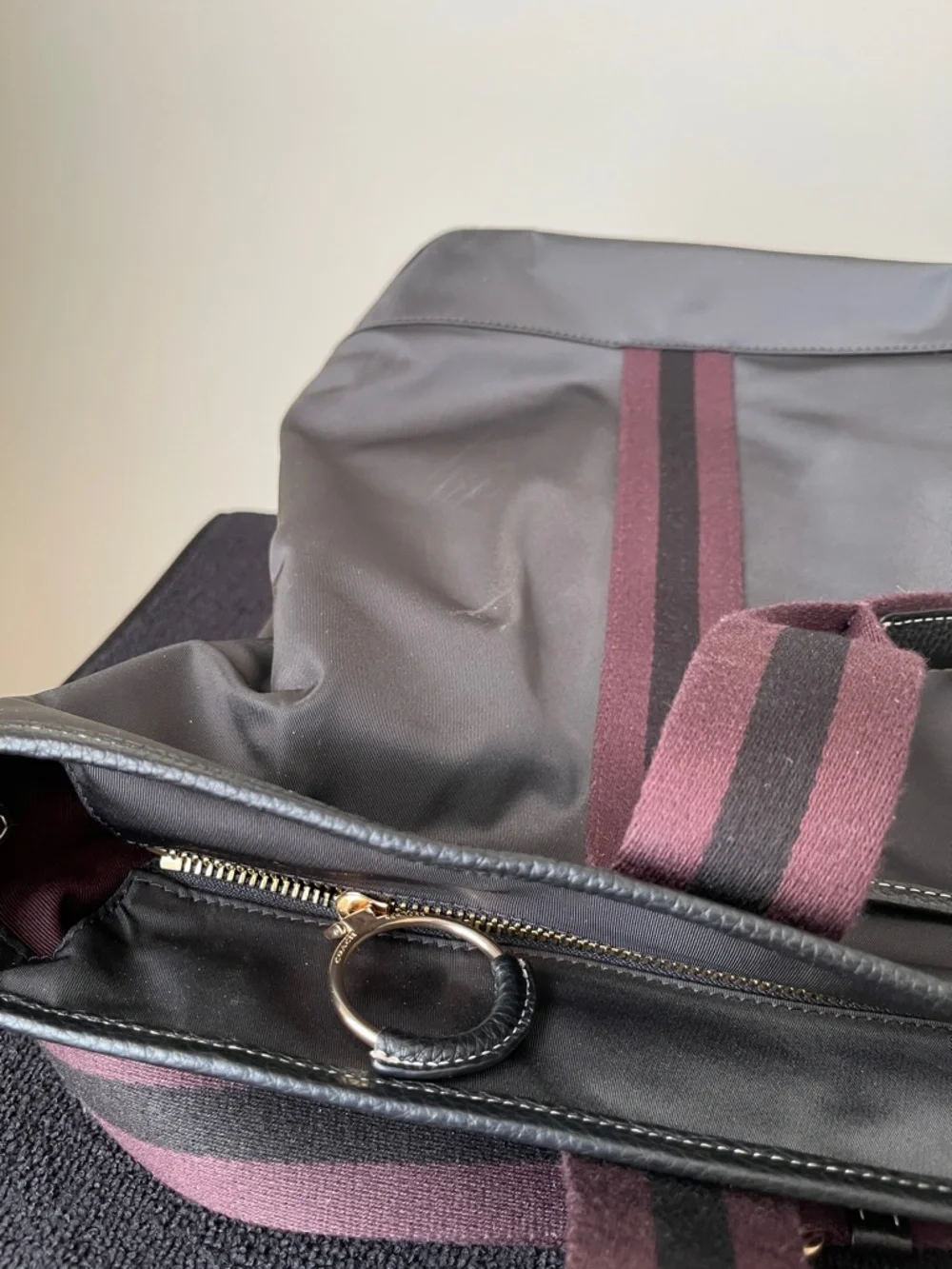 Unisex Coach Black Nylon Tote with Burgundy-Trim Straps
